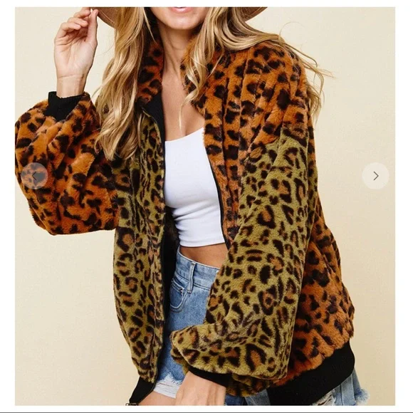 ✨LAST ONE✨Stylish Leopard Faux Fur Zip Up Fabulous Jacket - Picture 4 of 6